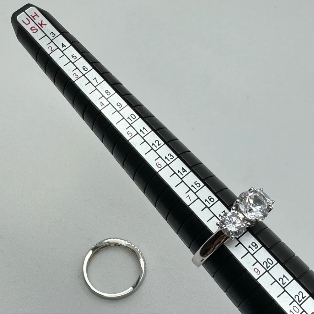 925 Sterling Silver CZ 3 Stone Engagement Ring Set Size 8